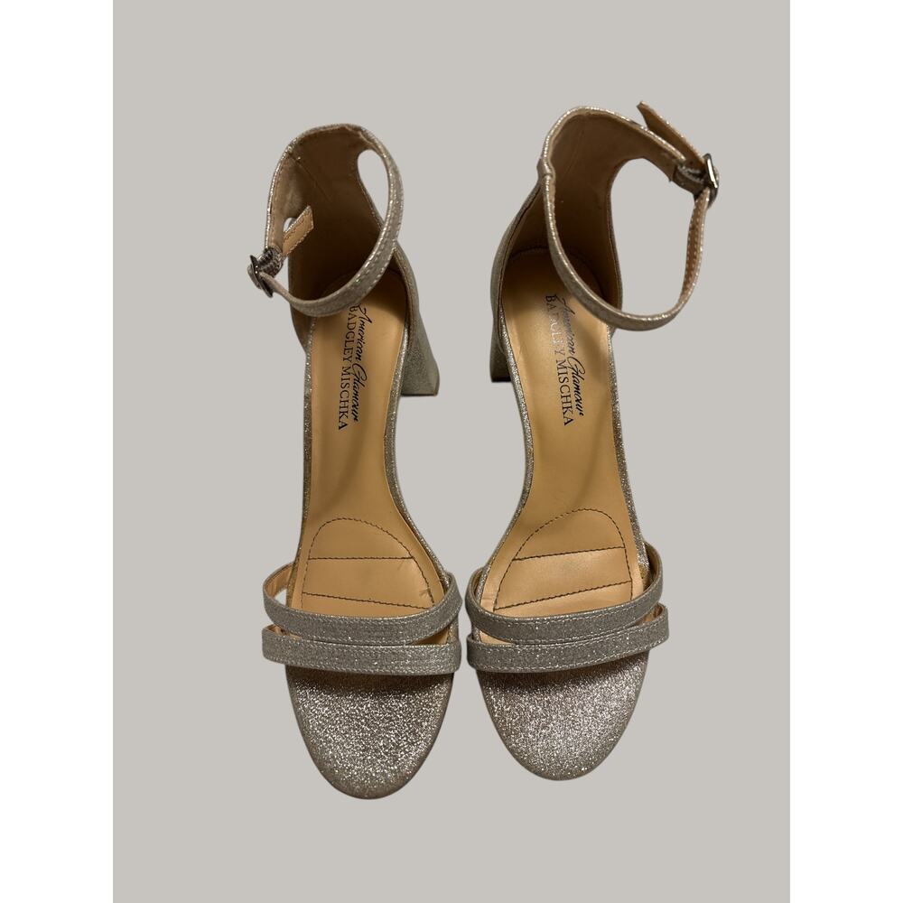 Badgley Mischka Womens 5.5 Silver Glitter Ankle Strap Block Heel Sandals